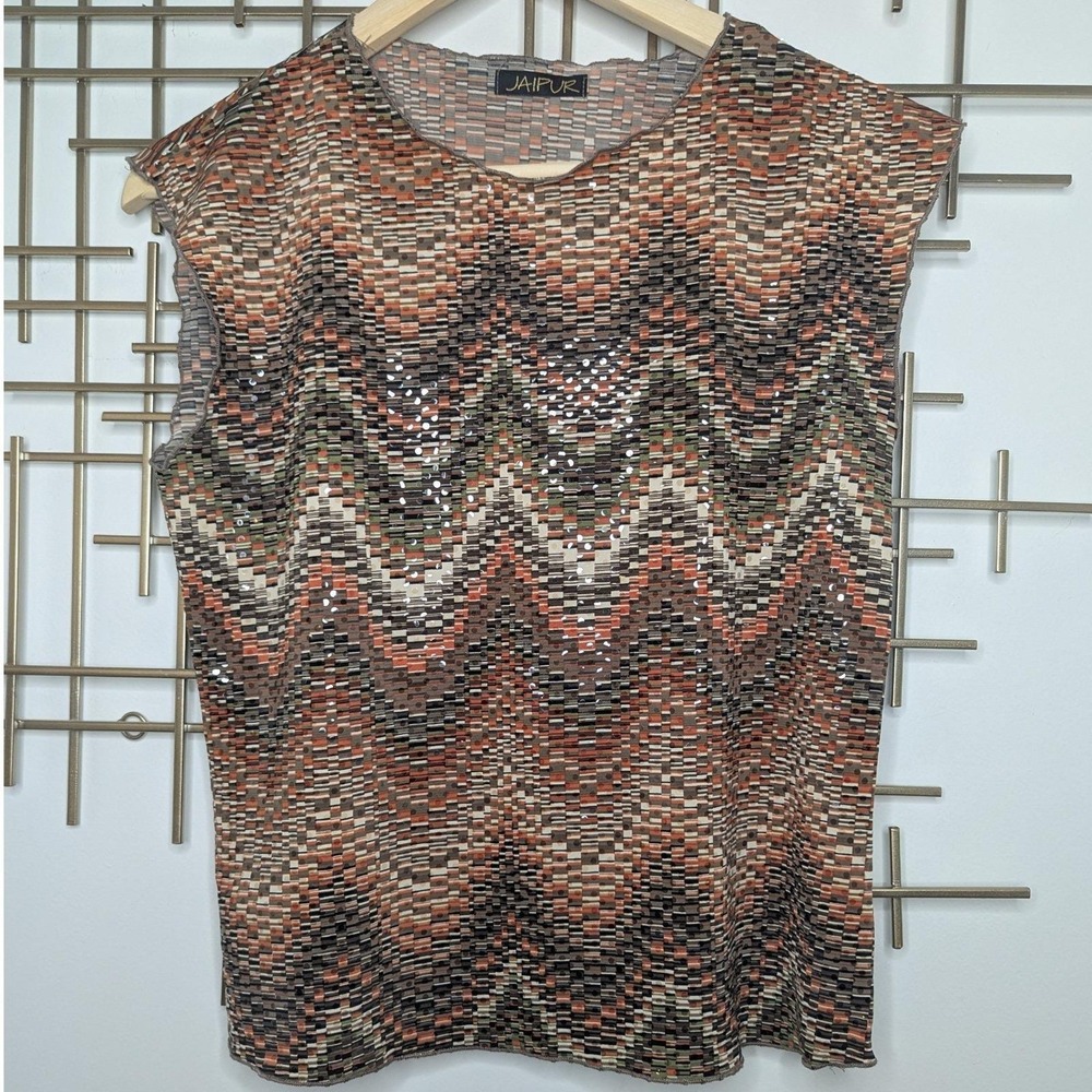 Sleeveless Top Earth Tones Chevron Sequin Geometric Sz S Glam Chic Going Out